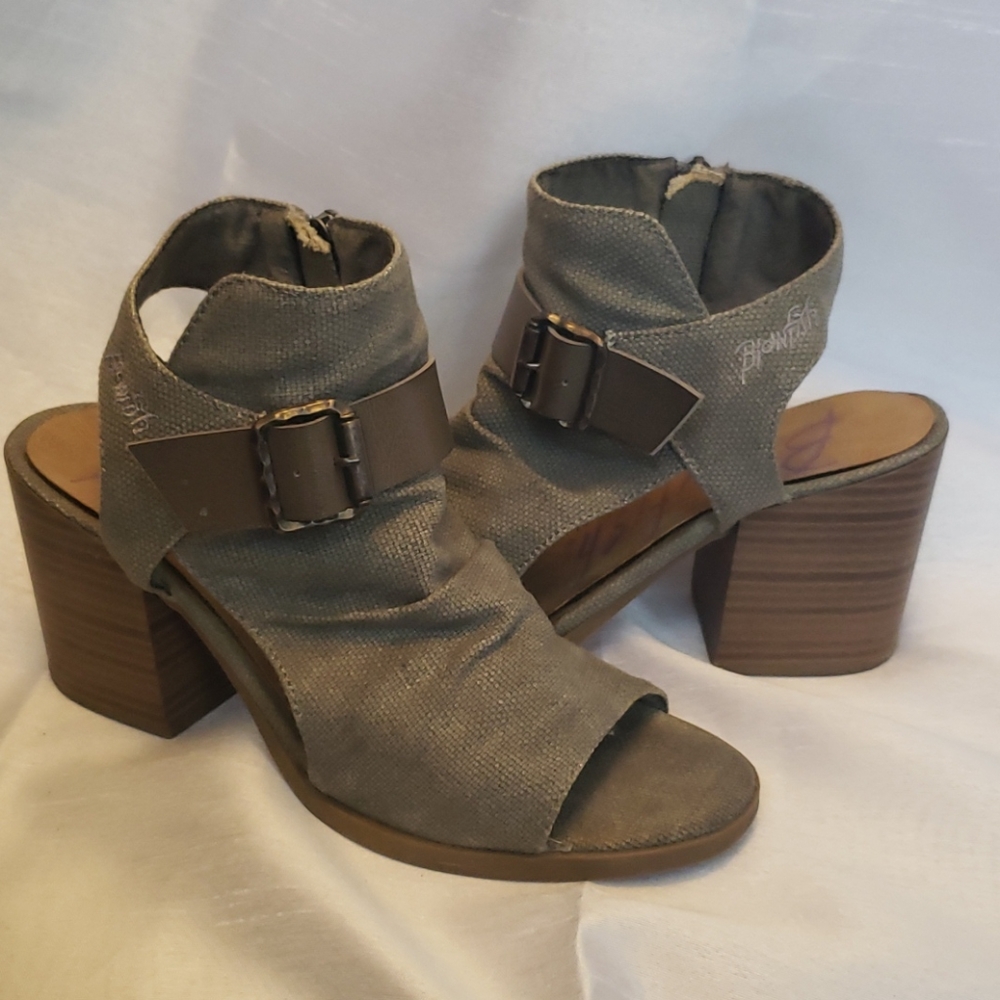 Gray Sandal Booties with stacked heel.